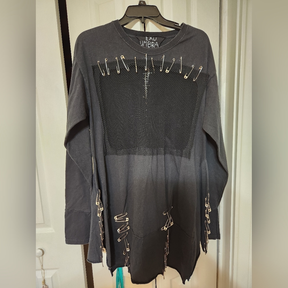 Exo Umbra Goth Safety Pin & Net Long Sleeve Dress Size Large
